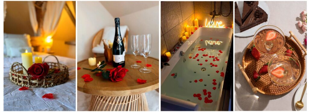 fraises et champagne au bord d'un bain romantique avec jacuzzi privatif