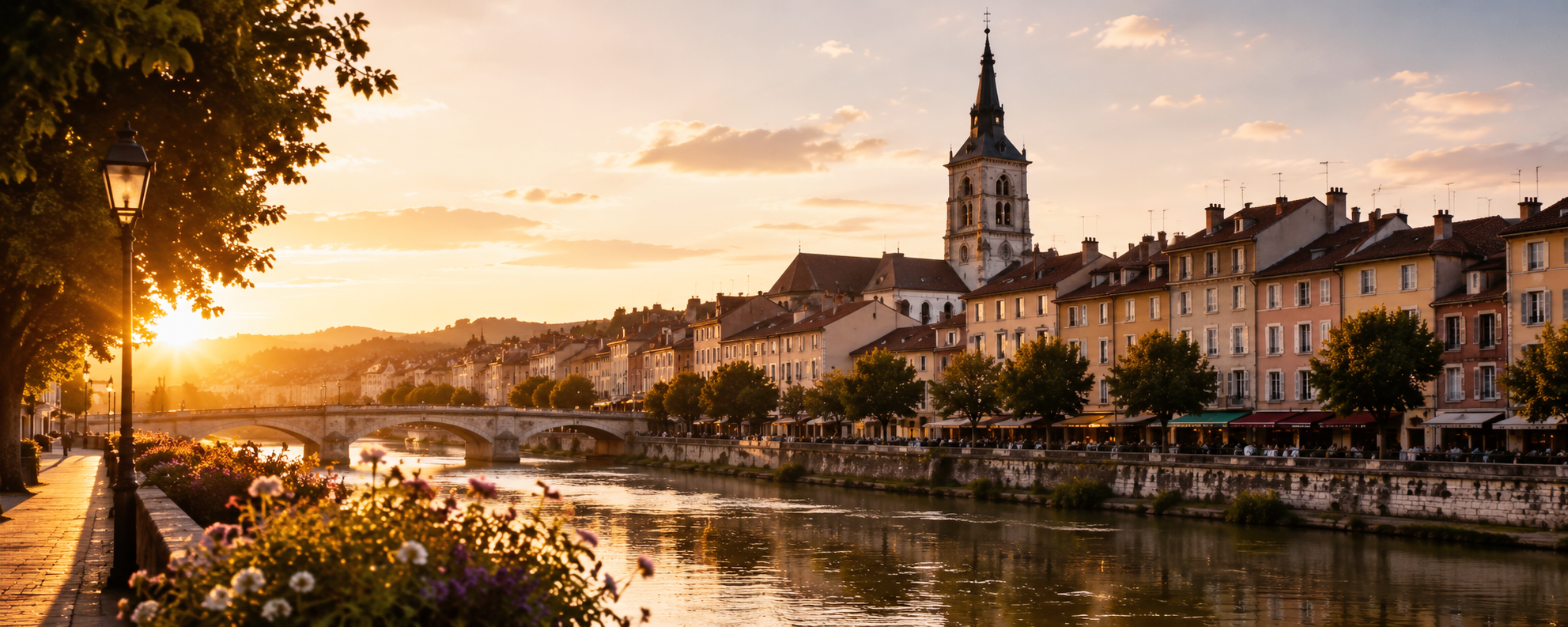 Week-end romantique à Bourgoin-Jallieu - Couple admirant le coucher du soleil sur Bourgoin-Jallieu depuis les hauteurs, avec une vue panoramique sur la ville et la rivière lors d'un week-end romantique en Isère.