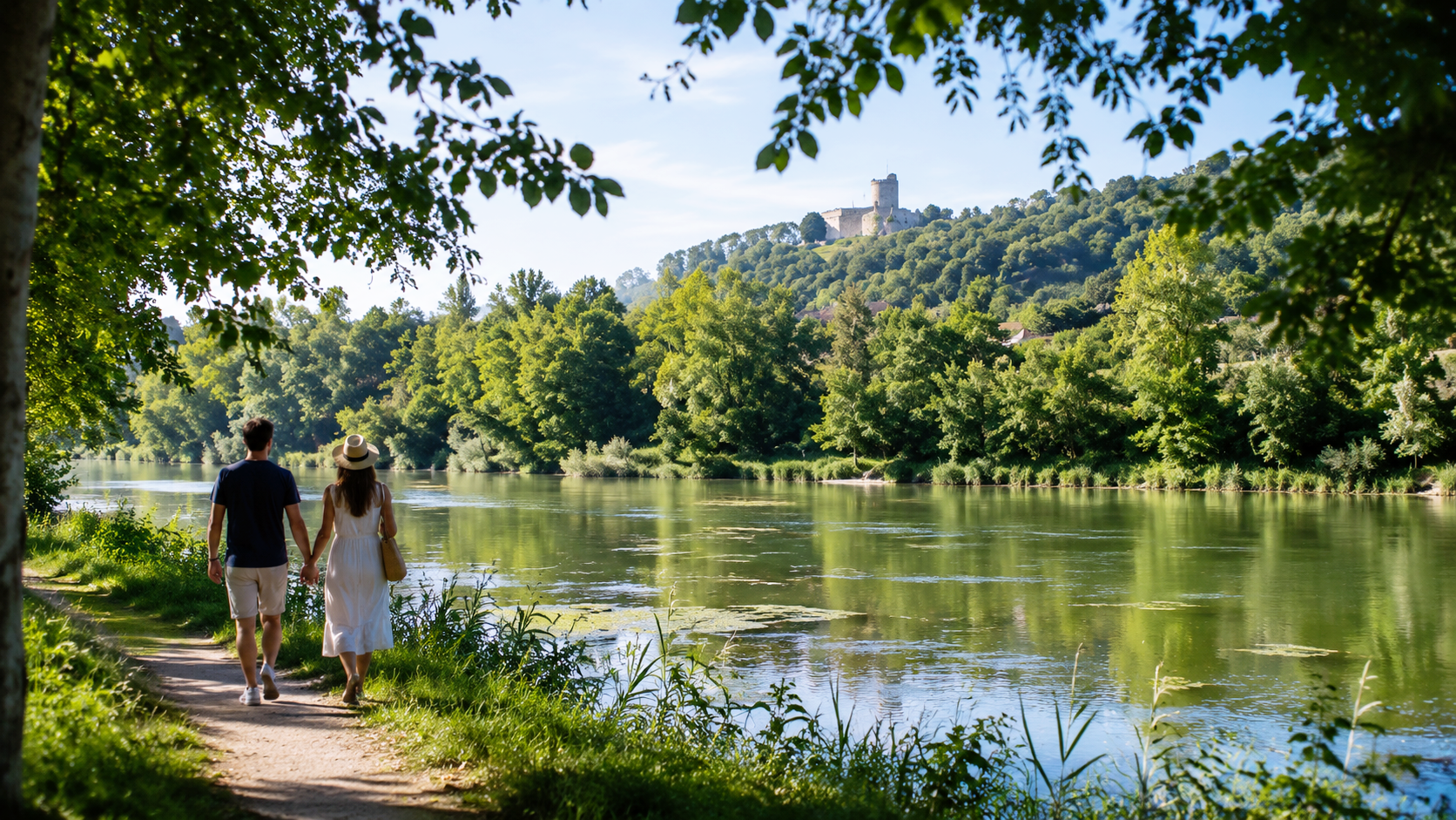 Couple se promenant le long de la Bourbre à Bourgoin-Jallieu avec le château de Montbelley en arrière-plan, lors d'une balade romantique au bord de l'eau.