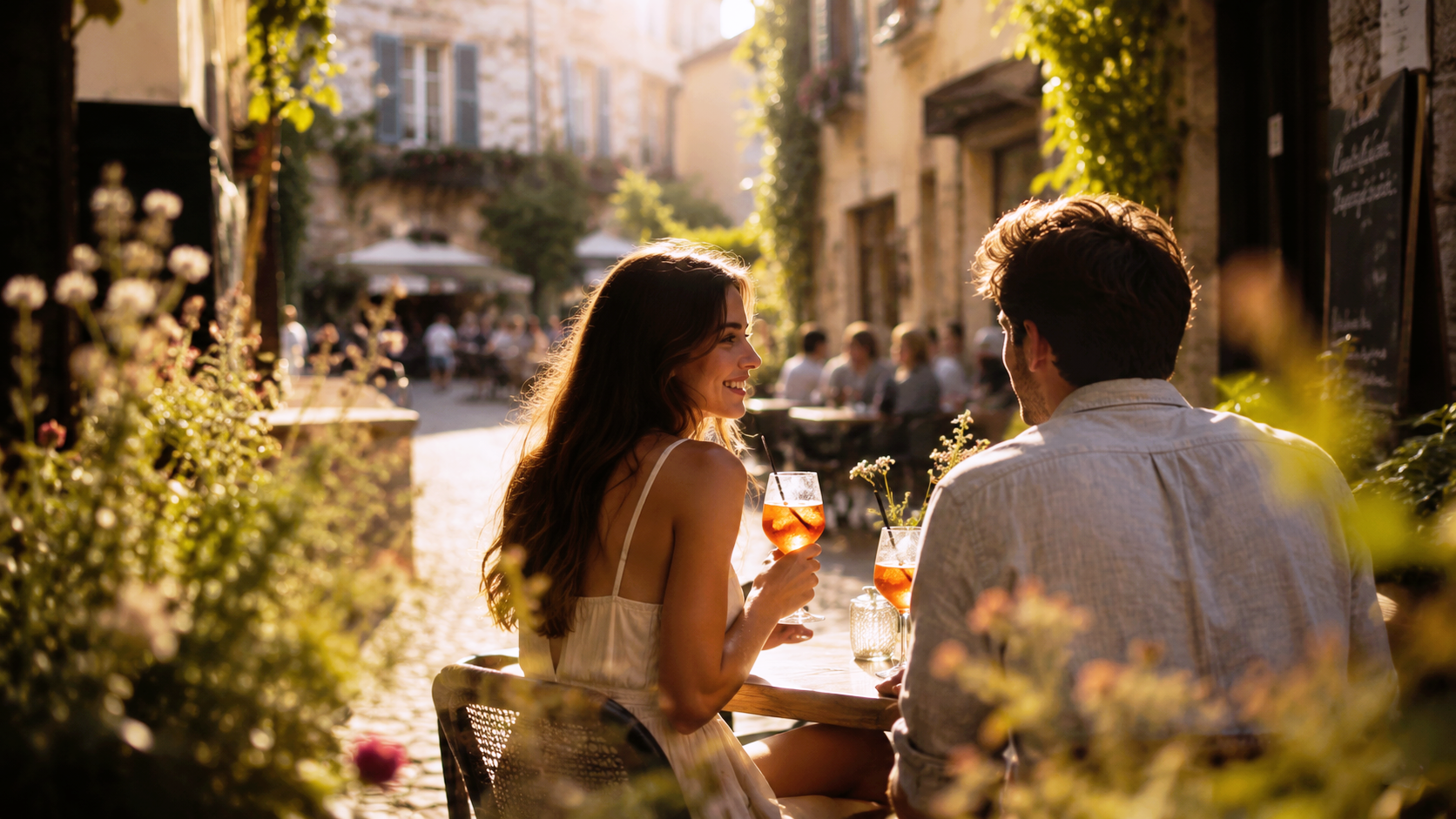 Couple dans le centre historique de Bourgoin-Jallieu, au coucher du soleil, lors d'un week-end romantique en Isère.