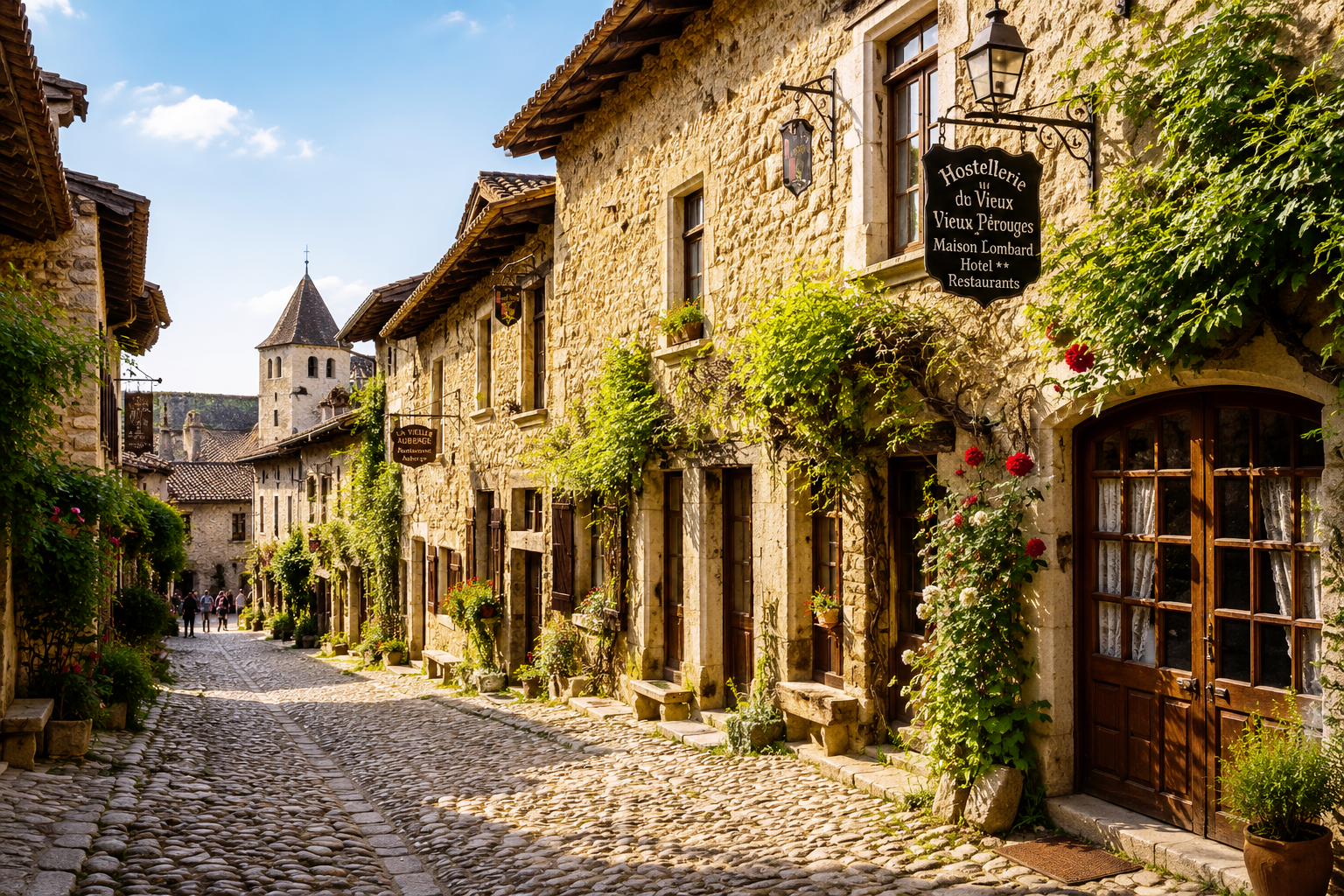 Rue pavée du village médiéval de Pérouges, avec ses maisons en pierre fleuries, l'une des plus belles escapades romantiques près de Bourgoin-Jallieu.