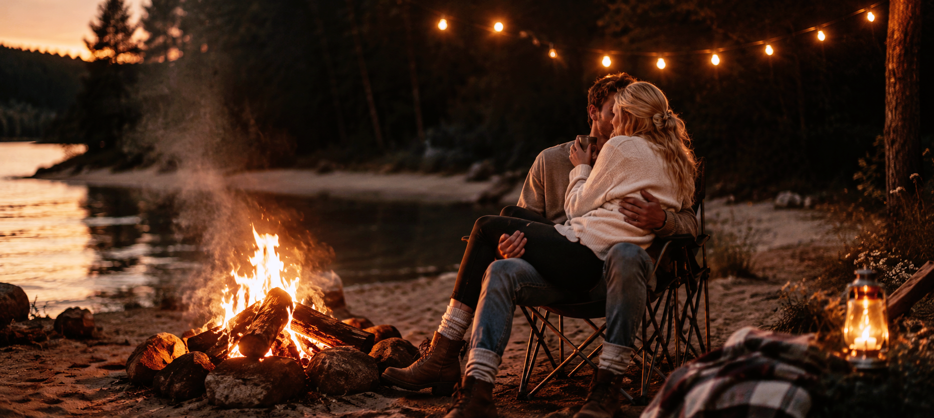 Couple amoureux enlacé près d'un feu de camp au coucher du soleil, symbole d'une relation durable et d'un amour qui traverse les années.