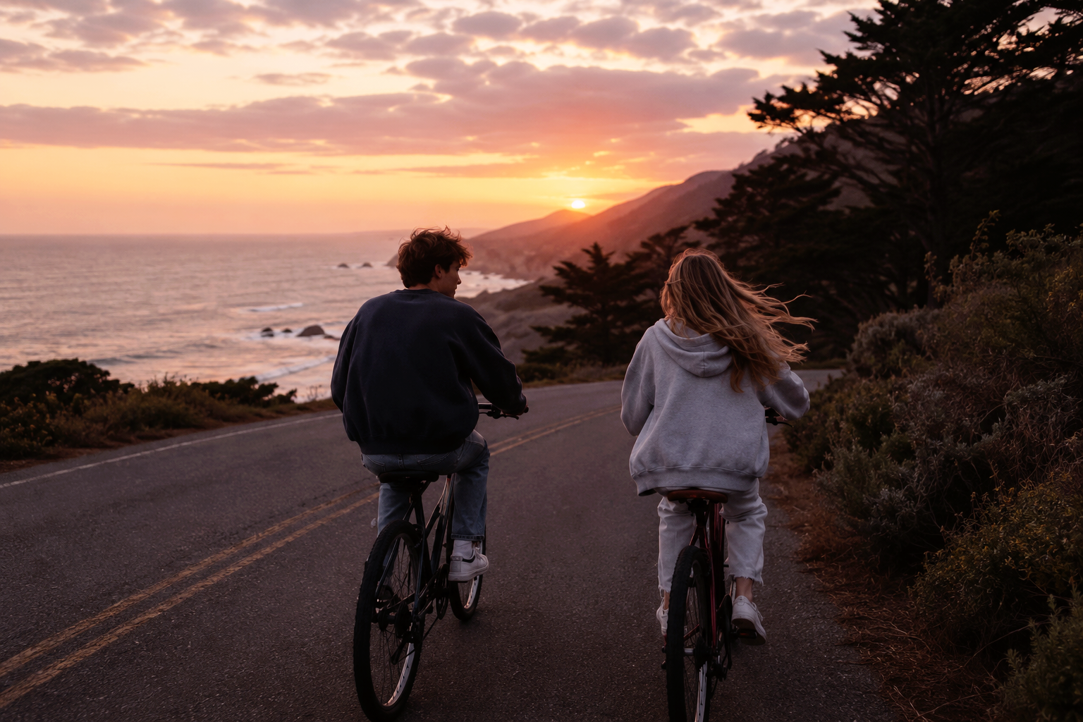 Couple amoureux faisant du vélo au coucher du soleil sur une route côtière, prenant le temps de partager un moment à deux.