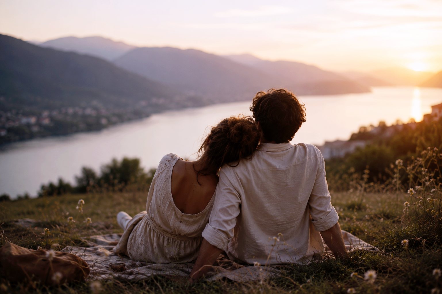 Un couple amoureux allongé dans une prairie au coucher du soleil, les mains enlacées vers le ciel, partageant un moment de complicité et de sérénité.