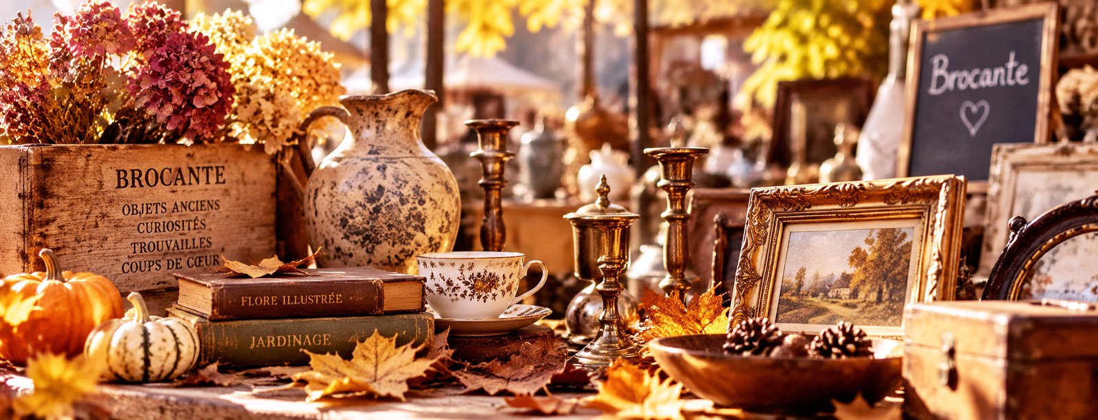 Objets vintage chinés dans une brocante un dimanche matin en automne