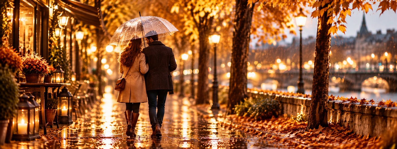 Couple marchant sous la pluie en automne sous un parapluie, dans une ambiance romantique