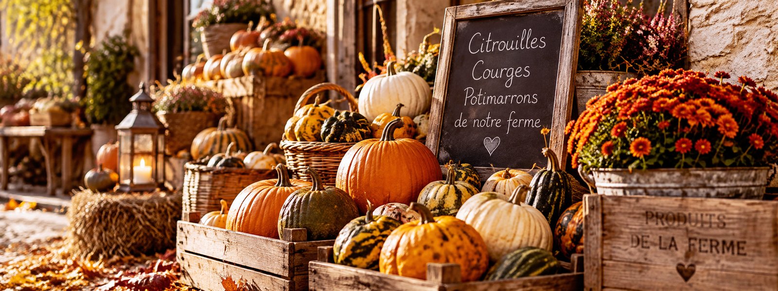 Citrouilles, potimarrons et courges exposés dans une ferme en automne