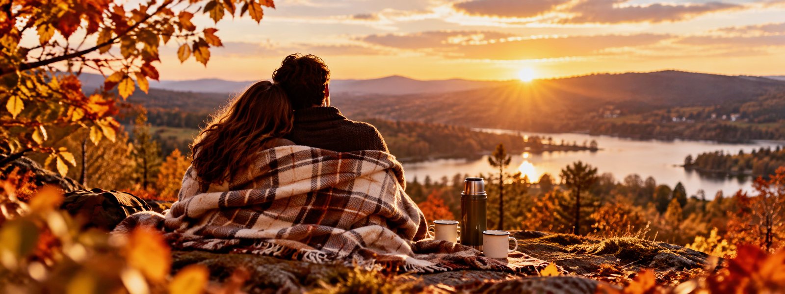 Couple regardant le coucher du soleil sous une couverture lors d’une escapade romantique en automne