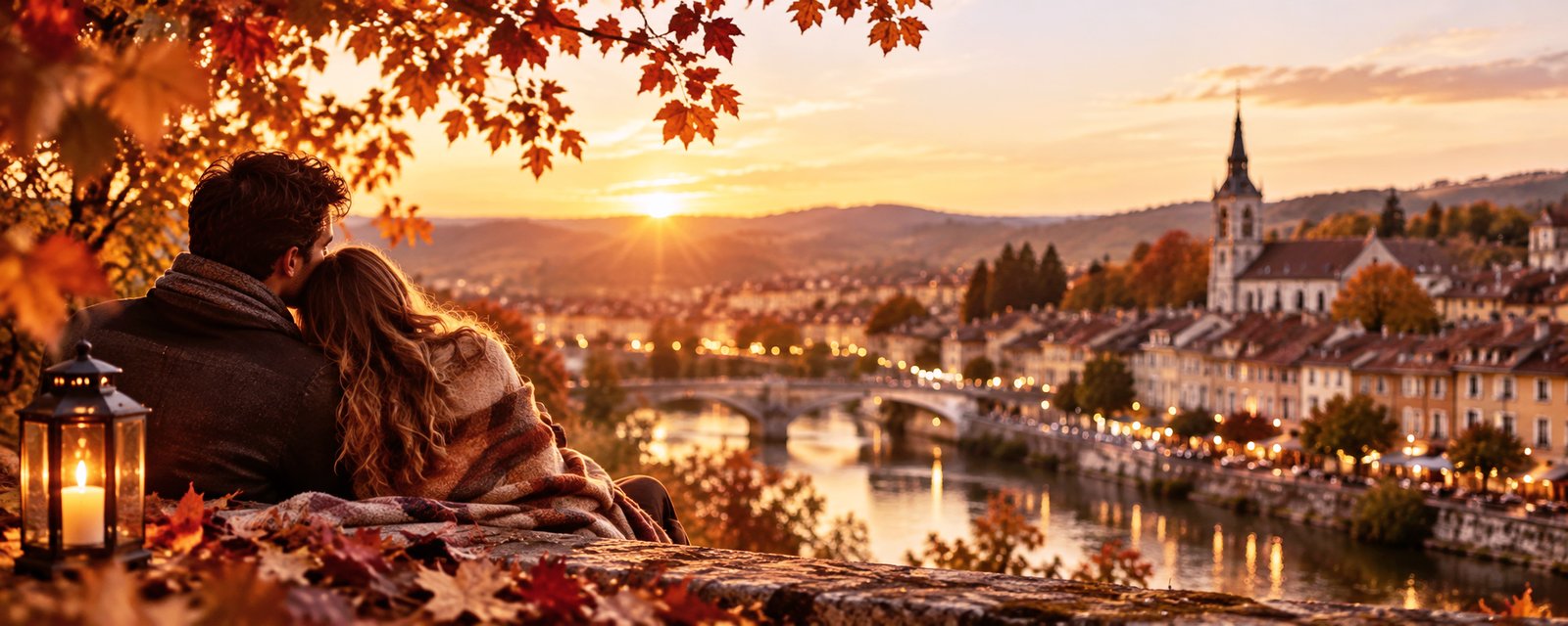 Couple en amoureux admirant le coucher de soleil lors d'un week-end romantique en automne