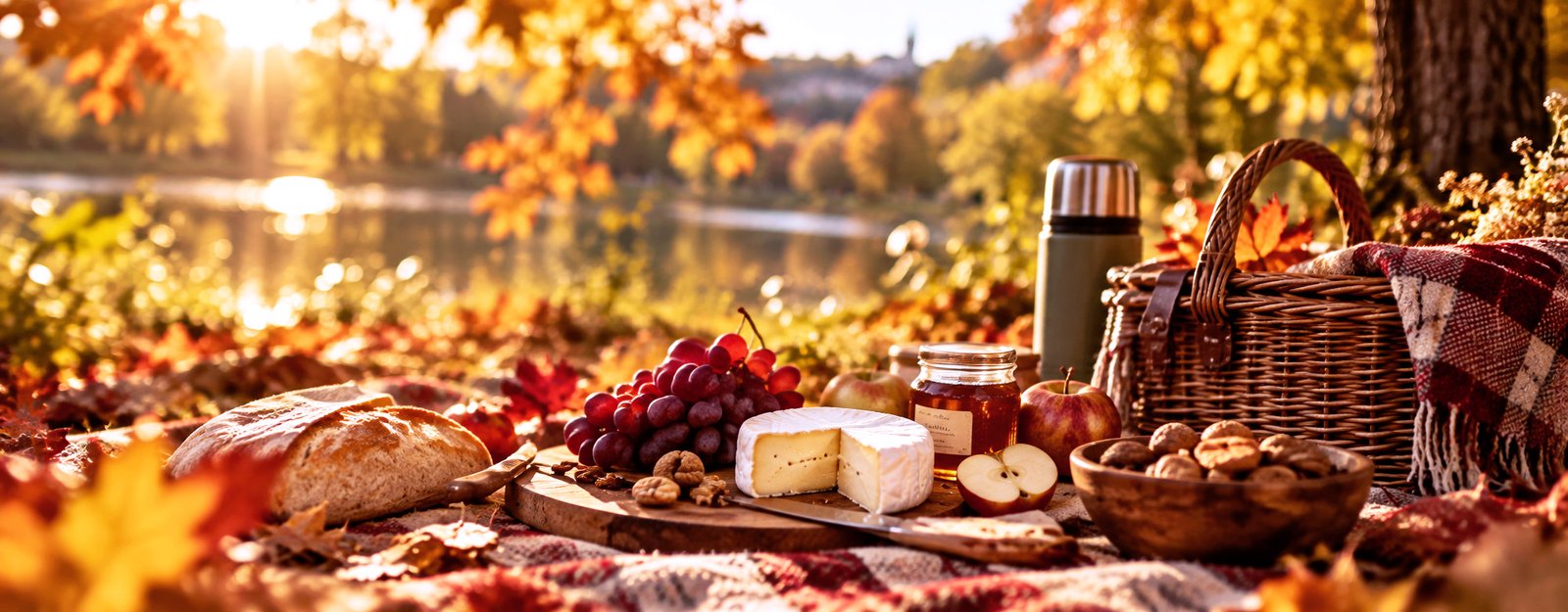 Pique-nique romantique d'automne avec panier, fromage, fruits et pain au bord d'un lac
