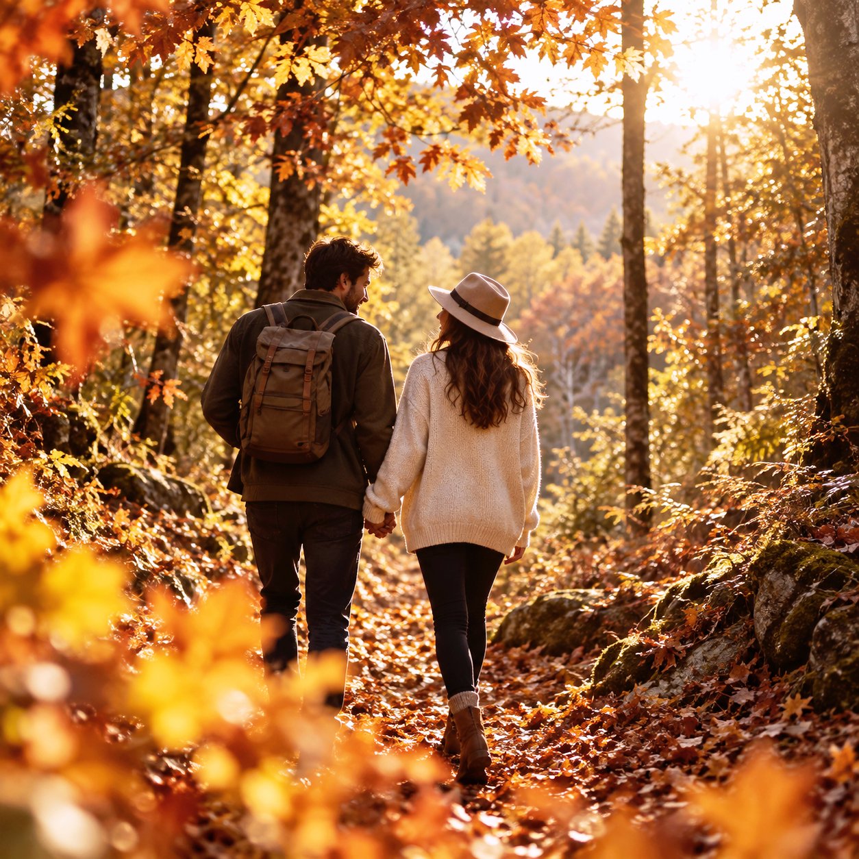 Couple marchant dans une forêt aux couleurs d'automne lors d'une escapade romantique