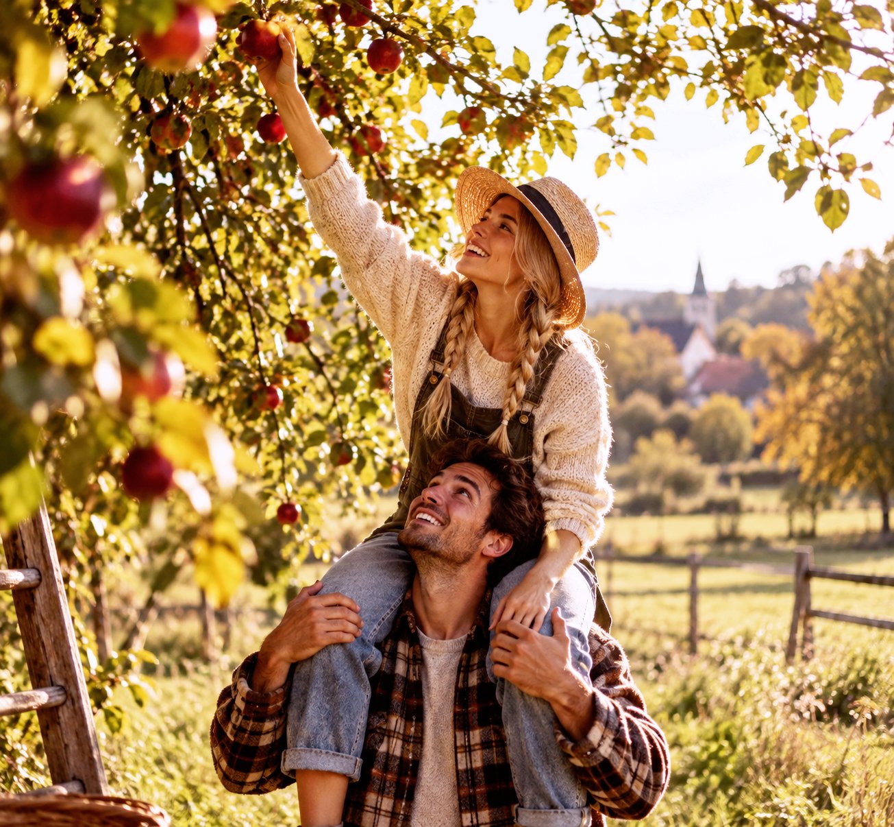 Couple cueillant des pommes dans un verger lors d'une sortie en amoureux en automne