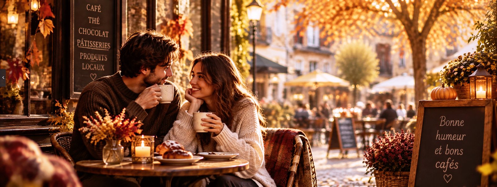 Couple en amoureux à une terrasse d'un café cosy et chaleureux lors d'un week-end romantique en automne