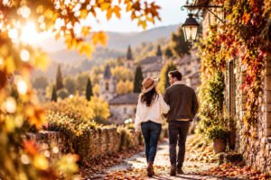 Couple se promenant dans un joli village aux couleurs d’automne lors d’une escapade romantique