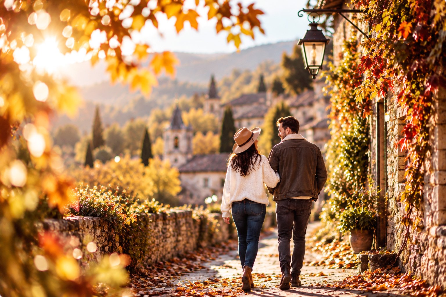 Couple se promenant dans un joli village aux couleurs d’automne lors d’une escapade romantique