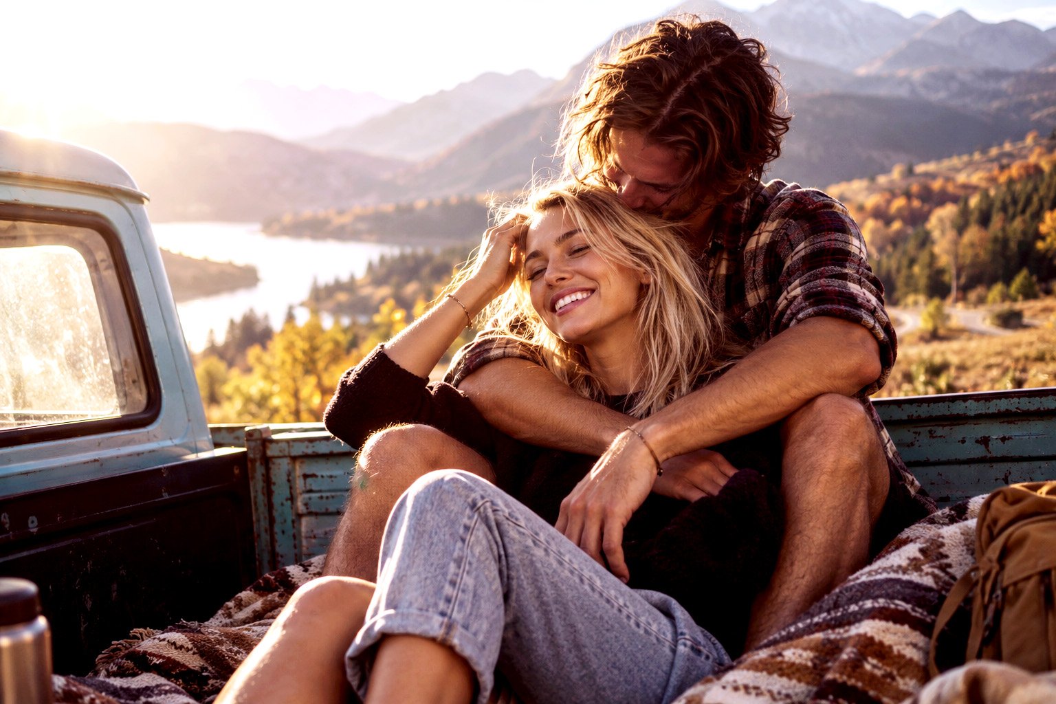 Couple en road trip profitant d'une escapade romantique en automne à la montagne